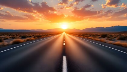 Naklejka premium Endless Open Highway Through American Southwest Desert Landscape with Dramatic Mountain Range Silhouetted Against Fiery Sunset Sky