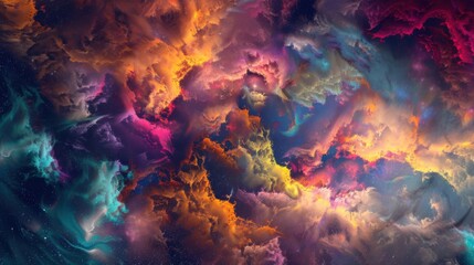 a kaleidoscopic explosion of abstract colors and fantastical imagery, amidst a celestial backdrop, with ample white space for text in the center