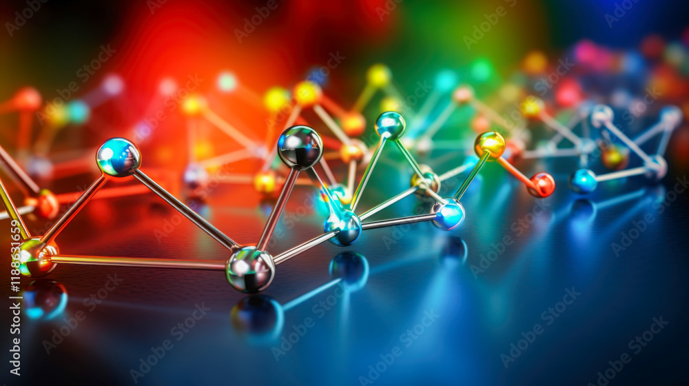 Poster colorful molecular structure showcasing scientific concepts in an abstract arrangement during a vibr
