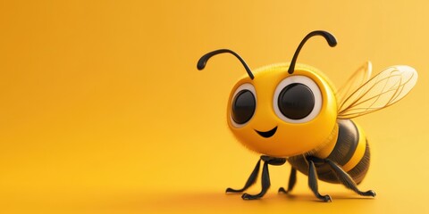 Obraz premium Adorable 3D Render of a Cheerful Cartoon Bee on Yellow Background