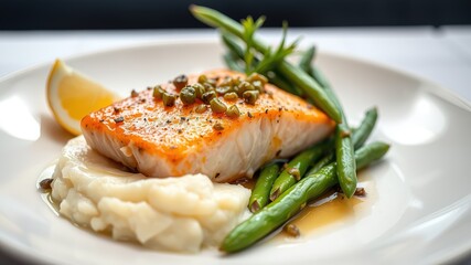 Lemon Caper Salmon, Potato Mash, Green Beans - Gourmet Dinner,  Appetizing Dish, Healthy Meal, Restaurant Style, Fine Dining, Delicious Food, Plate, Food Photography,  High Quality,  Salmon Recipe,  