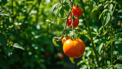 Lush Tomato Plant in Garden, Sunlight, Ripening Tomatoes, High Quality AI Photo, Garden Scene, Healthy Produce, 