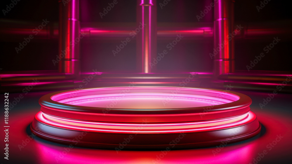 Poster modern stage setup illuminated with vibrant pink and purple lights for a dynamic performance in an u