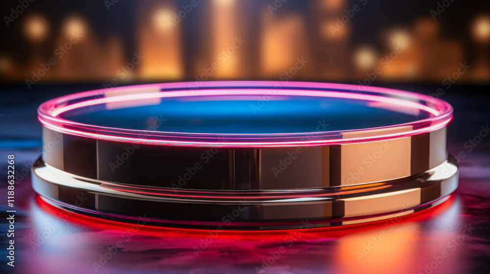 Poster Colorful illuminated circular display platform in a modern setting showcasing depth and vibrant lighting at night