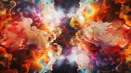 a kaleidoscopic explosion of abstract colors and fantastical imagery, amidst a celestial backdrop, with ample white space for text in the center