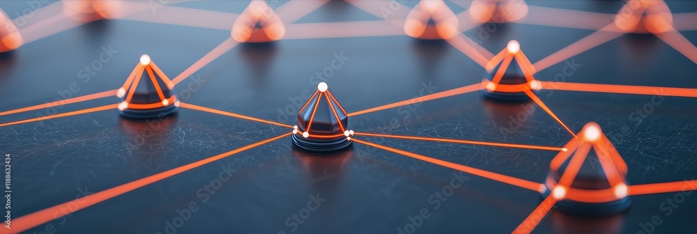 Poster abstract network connection glowing nodes orange lines on dark surface