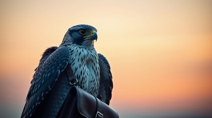 Falcon carrying a leather messenger bag. Secure message delivery concept