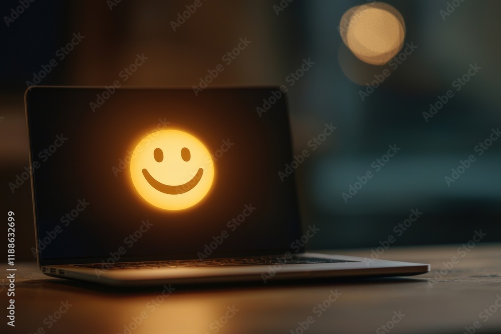 Poster happy smile icon displayed on laptop screen in soft ambient light setting
