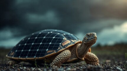 Tortoise with a solar panel on shell. Futuristic wallpaper with solar powered turtle