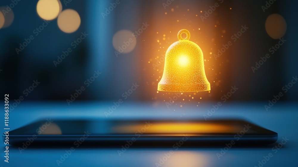 Poster golden notification bell icon floating above smartphone screen with soft background