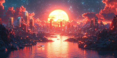 Retro-Futuristic 1980s Movie Poster with Neon Lights and Surreal Sci-Fi Vibes
