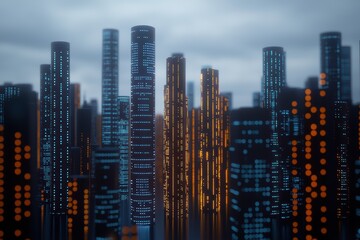 Fototapeta premium Futuristic Cityscape with Glowing Skyscrapers and Dramatic Cloudy Sky at Dusk