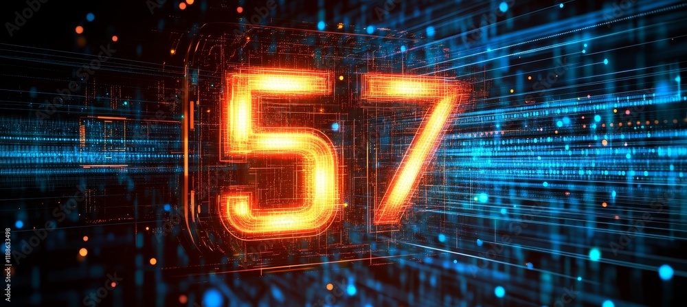 Poster glowing digital single big 3d number 57 in futuristic style on digital abstract background