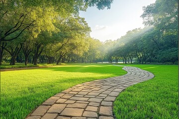 Fototapeta premium Beautiful green lawn with stone path, park landscape under sun rays filtering through clouds, captured with wide - angle lens in natural light.