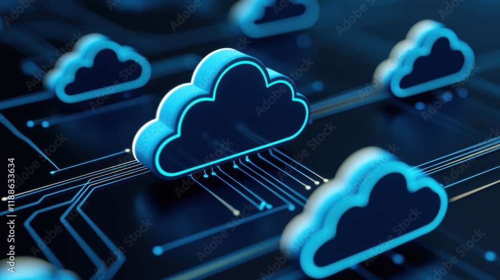 Poster digital representation of cloud technology with circuit patterns in blue and black
