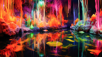 Colorful illuminated cave interior with vibrant reflections in still water surrounded by glowing rock formations