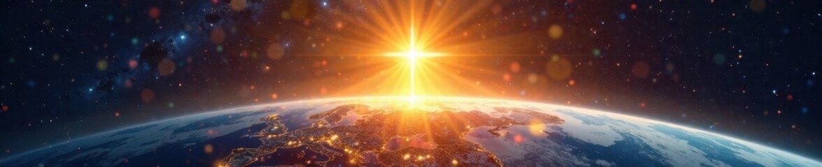 Obraz premium Celestial golden cross radiates over planet Earth , christian, sun