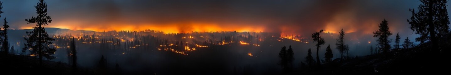 Fototapeta premium Overlooking mountain fire rescue scene with impressive high-definition details, showcasing master-level photography skills and perfect composition. Firefighters in action during a dramatic rescue 