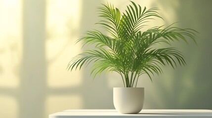 Obraz premium Indoor potted Parlor Palm plant in a white pot on a table bathed in sunlight