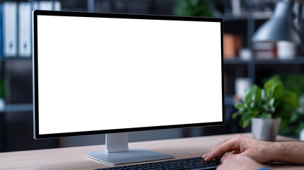 Fototapeta premium Person using a computer with a blank screen in a modern office setting filled with plants and organized shelves