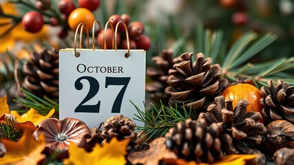 October 27 Calendar Cube Pine Cones Dried Fruit Natural Design