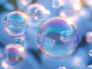 Naklejka premium Closeup view of iridescent soap bubbles floating against light blue background. Bubbles display vibrant colors. Light refraction, reflection apparent on bubble surfaces creating mesmerizing effect.
