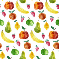 Watercolor fruits seamless pattern. Hand drawn banana, slice, peach, orange isolated on white background for food package design, textile, print, cover, wrapping, cards