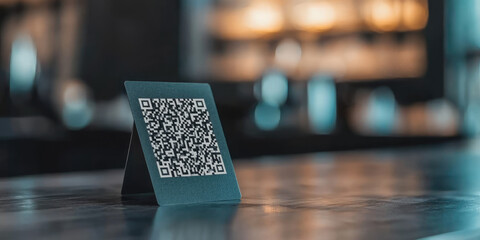 Paper sign with Qr code on the counter of a bar. Modern technology, graphic code for payment or downloading the menu of a restaurant cafe.