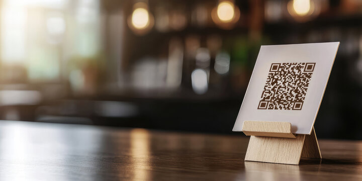 Paper sign with Qr code on the counter of a bar. Modern technology, graphic code for payment or downloading the menu of a restaurant cafe.