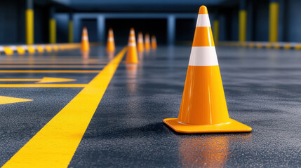 Safety zone, A photorealistic image of a parking lot safety zone, showcasing clear markings and signage to ensure vehicle and pedestrian safety.