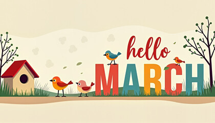 Obraz premium Hello March text with colorful birds and birdhouse in spring