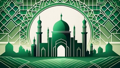 Minimalist mosque silhouette icon surrounded by geometric Islamic patterns in green and white