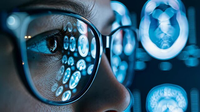 Doctor Eye with Glasses Reflecting MRI Brain Scan for AI Diagnosis
