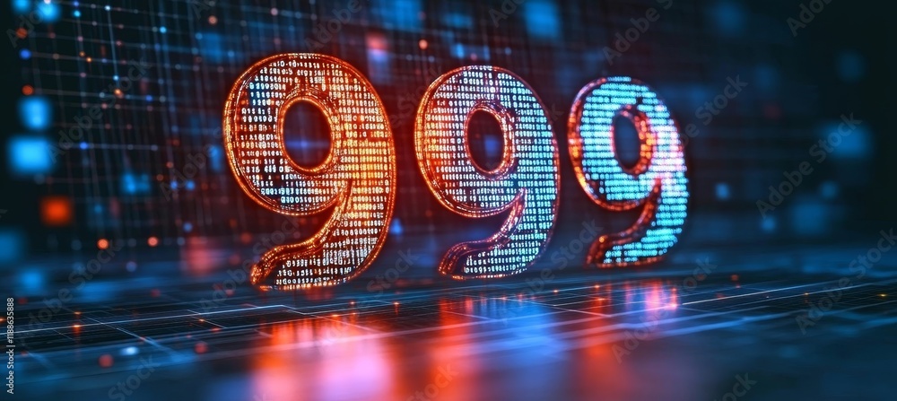 Poster glowing digital single big 3d number 999 in futuristic style on digital abstract background