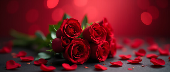 Bouquet of red roses in heart shape on dark surface surrounded by falling heart shaped petals, soft red bokeh background, romance concept, Valentine's Day.