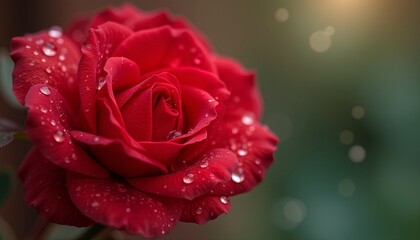  Detailed close-up of a red rose with glistening dew