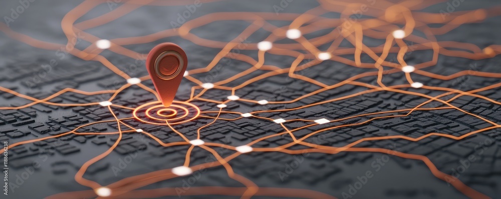 Poster glowing orange navigation routes on 3d city map with location pin