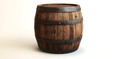 Obraz premium Wooden barrel placed on a large area of white space showcasing the natural wood texture, a design material with high-definition clarity, perfect composition, and amazing details captured with master 