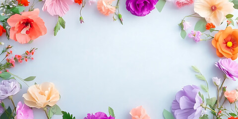 Various flowers surrounded on all sides with a large area of white space in the middle, creating a perfect balance of nature and simplicity, ideal for design and background material