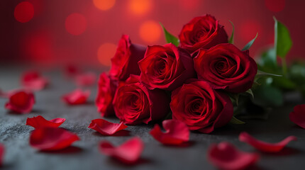 Bouquet of red roses in heart shape on dark surface surrounded by falling heart shaped petals, soft red bokeh background, romance concept, Valentine's Day.