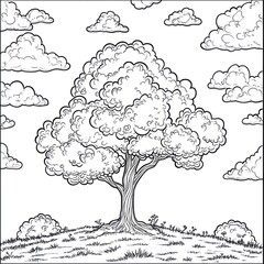 Naklejka premium Lone tree hilltop, cloudy sky, line art, coloring page