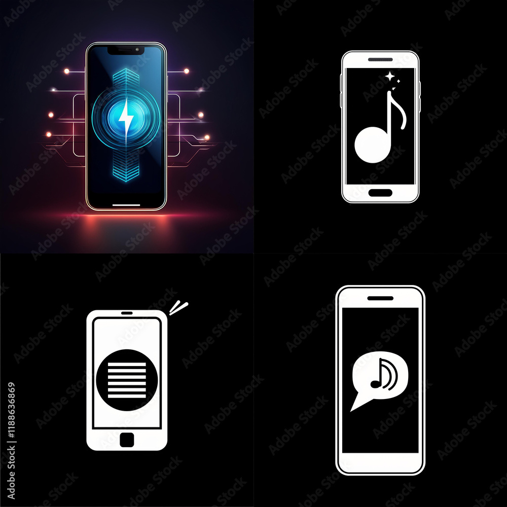 Poster A collage showcases four smartphone icons depicting various functions: charging, music playback, messaging, and document viewing.  Modern, sleek designs highlight technological capabilities.