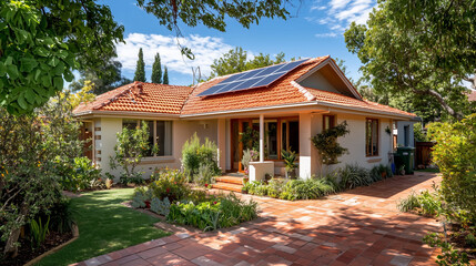Obraz premium Charming Suburban House with Solar Panels and Vegetable Garden