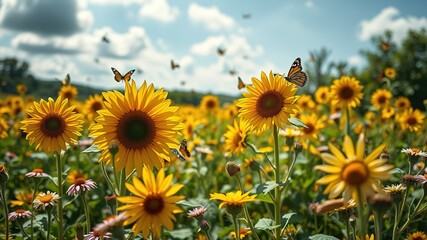 Obraz premium Summer Bloom Field - Sunflowers, Wildflowers, Butterflies, Bright Colors, AI Art