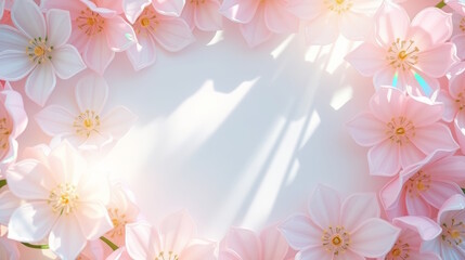  Floral frame with flowers shimmering holographic glares on pastel background, greeting cards, advertising, promotions, flower shops, events, Copy space.