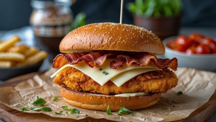 Crispy chicken sandwich loaded with bacon and swiss cheese