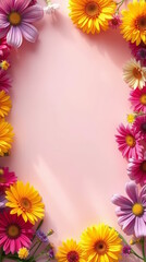 Obraz premium Floral frame with flowers shimmering holographic glares on pastel background, greeting cards, advertising, promotions, flower shops, events, Copy space.