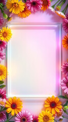 Obraz premium Summer flowers with glass frame on pastel background, greeting cards, advertising, promotions, flower shops, events, Copy space.