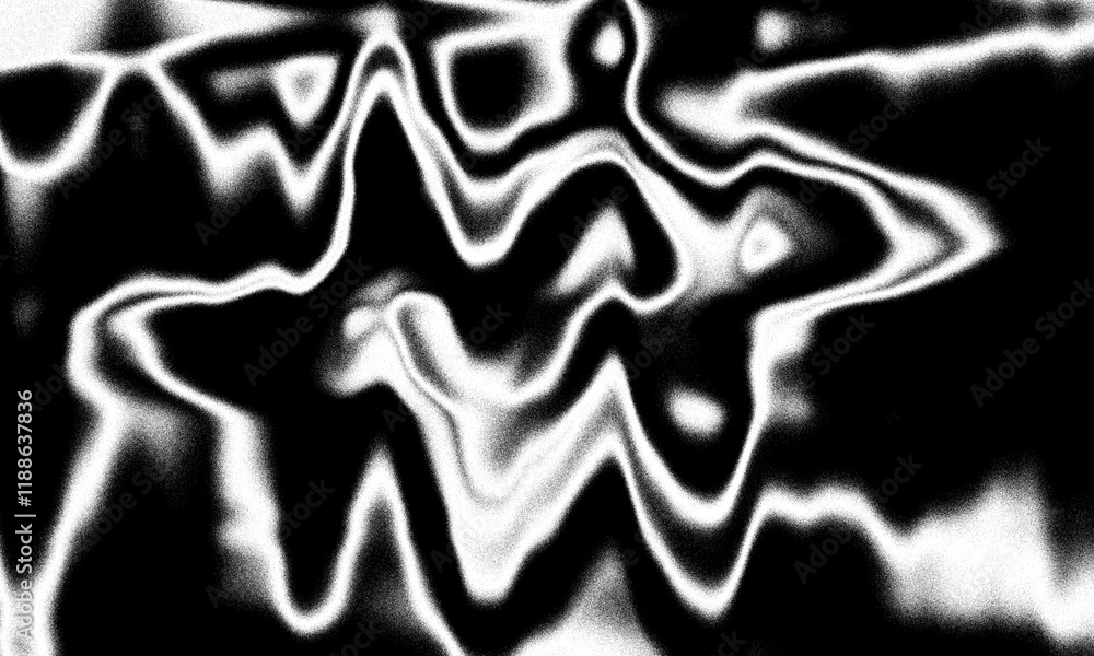 Poster abstract black and white image with wavy, distorted shapes resembling stars and waves, creating a su