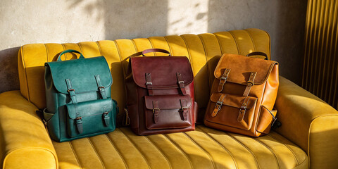 Fototapeta premium A Stylish Display of Three Different Colored Leather Backpacks, Perfect for Fashion Enthusiasts
